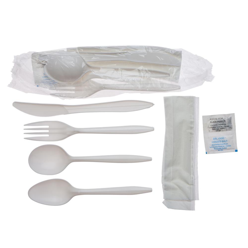 Plastic White Fork/Knife/Salt/Pepper/Napkin Cutlery Kit