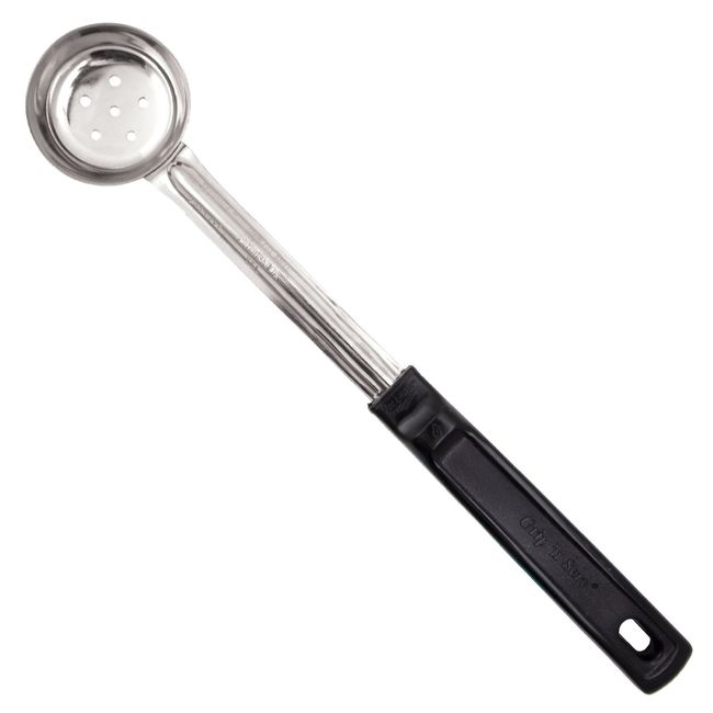 61145 Stainless Steel Antimicrobial Perforated Round Spoodle with Black Grip N Serv Handle, 1 oz Capacity