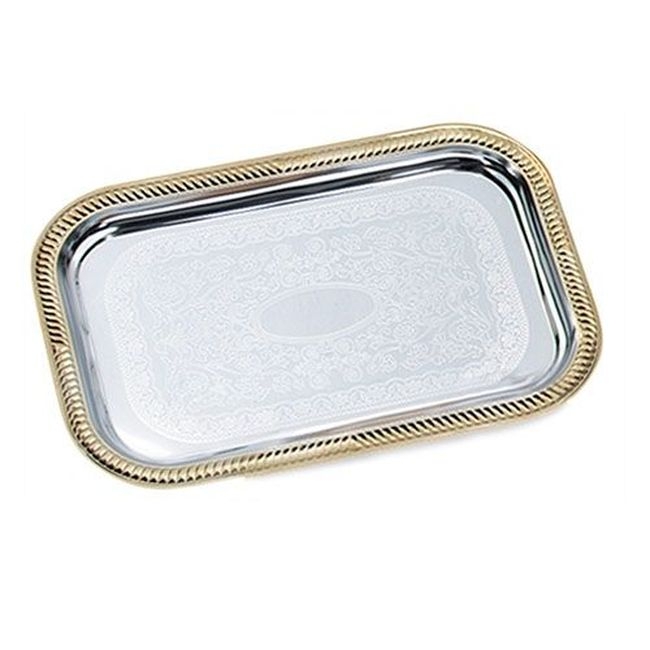 47266 Odyssey Chrome Plated Rectangular Serving Tray with Gold Trim, 19 1/2 X 14 in