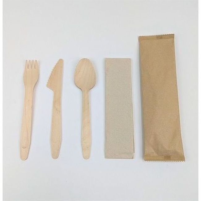 Natural Paper Wrapped Wooden Fork Knife and Spoon Cutlery Kit with 2 Ply Napkin