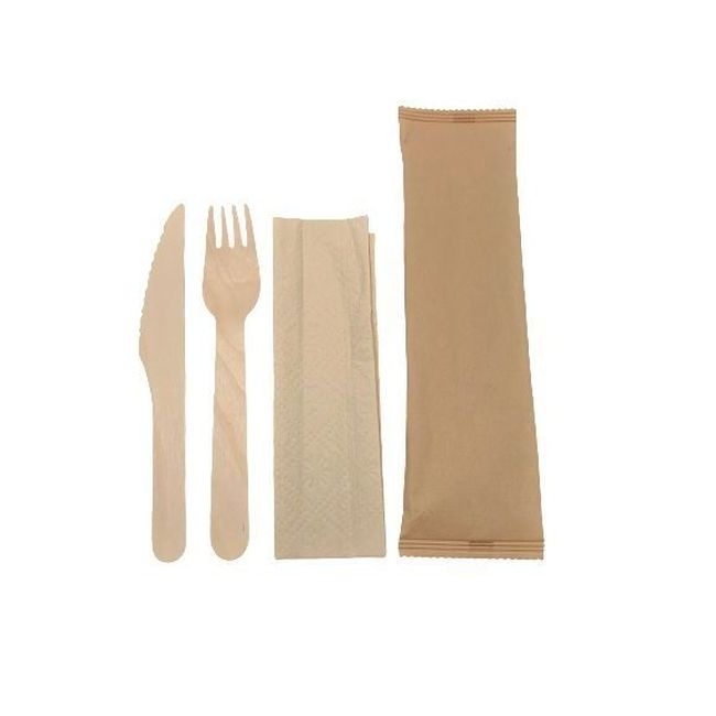 Natural Paper Wrapped Wooden Fork and Knife Cutlery Kit with 2 Ply Napkin