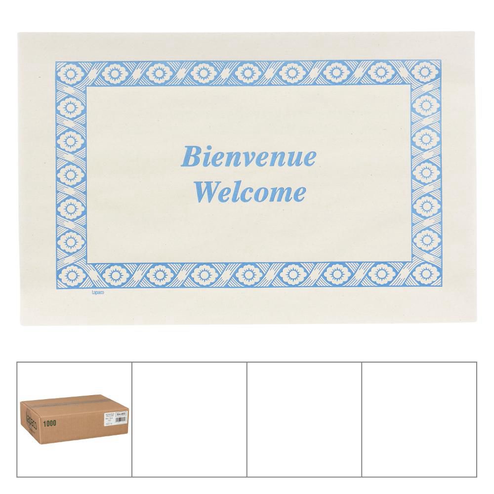Lapaco Blue Newsprint Straight Edge Bienvenue/welcome Placemat, 9 X 13.5 In -- 1000 Per Case