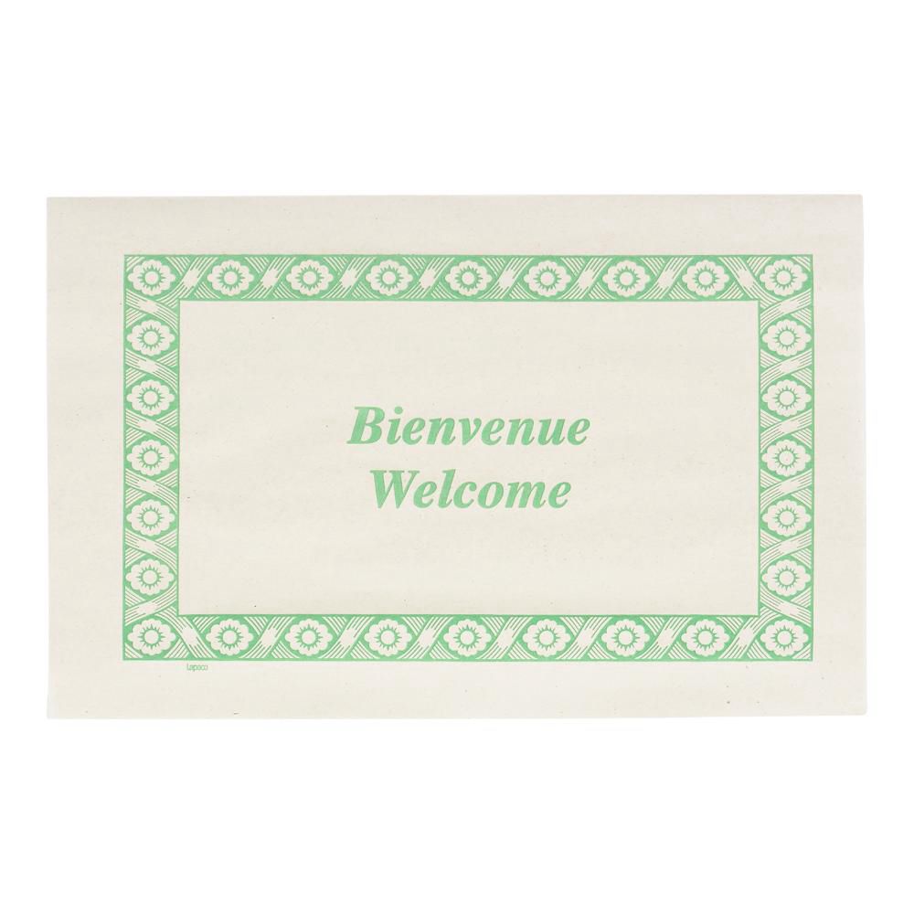 Lapaco Green Newsprint Straight Edge Bienvenue/welcome Placemat, 9 X 13.5 In -- 1000 Per Case