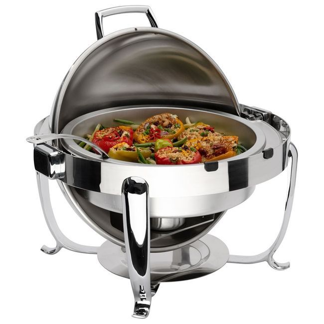 Browne Octave Stainless Steel Round Chafer With Roll Top Cover, 7 Qt Capacity