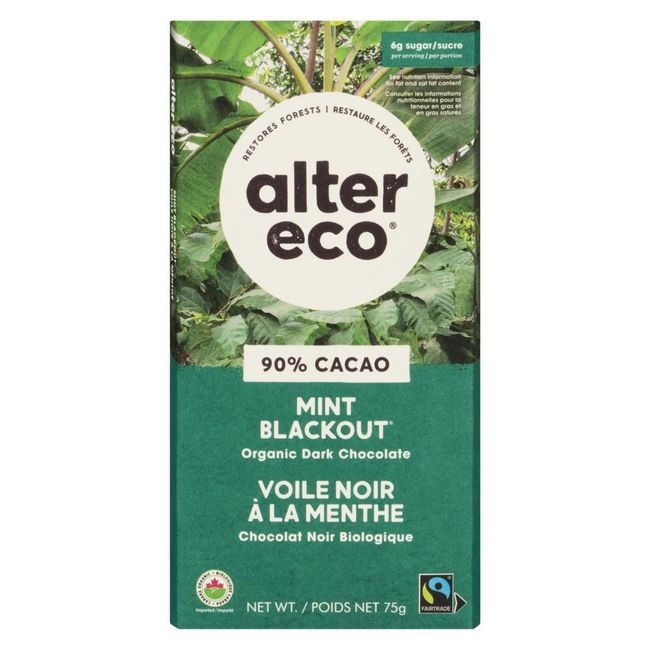 Alter Eco Organic Mint Blackout 90 Cacao Percent Dark Chocolate Bar, 75 G -- 12 Per Case