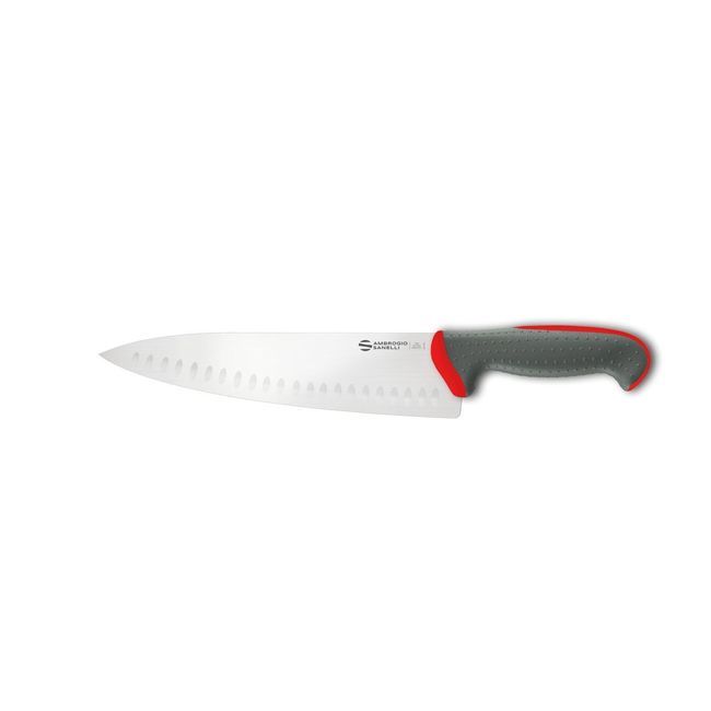 Ambrogio Sanelli Tecna Red Chef Knife With Granton Edge And Semi Polished Blade Finishing, 9.5 In