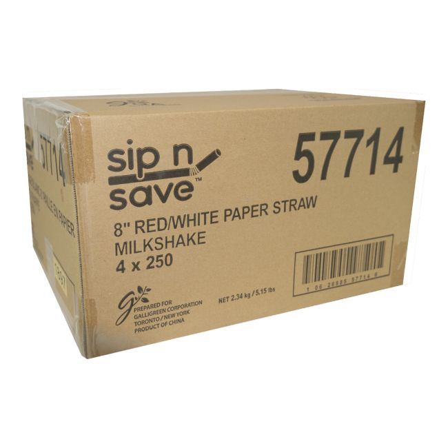 Galligreen Sip N Save 8 Mm Dia Red And White Regular Paper Straw, 8 In -- 1000 Per Case