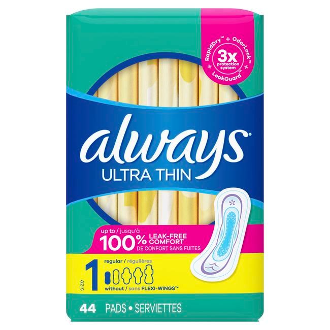 Always Size 1 Regular Absorbency Unscented Ultra Thin Pads Without Wings, 44 Count -- 3 Per Case