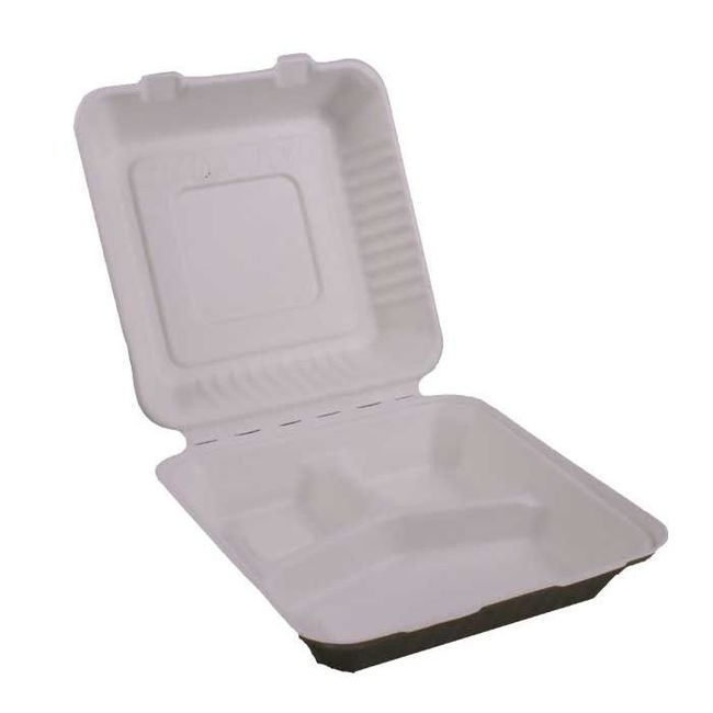 White Compostable 3-Compartment Molded Fiber Hinged Container
