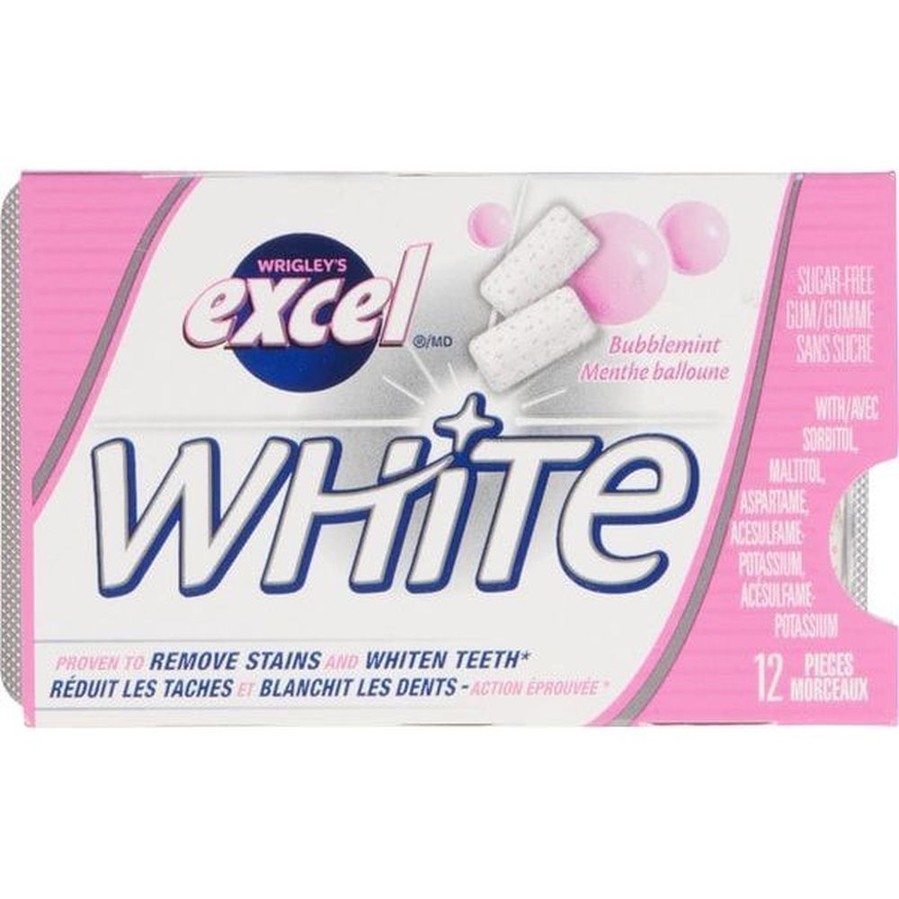 Excel White Bubblemint Sugar Free Gum - Single, 12 Count -- 18 Per Case