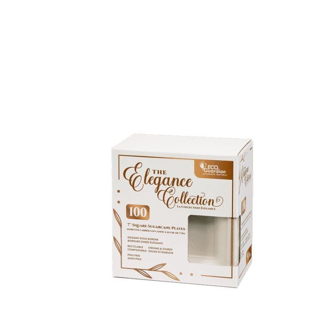 7 in Elegance Collection Compostable Bagasse Oval Gold Rim Plate